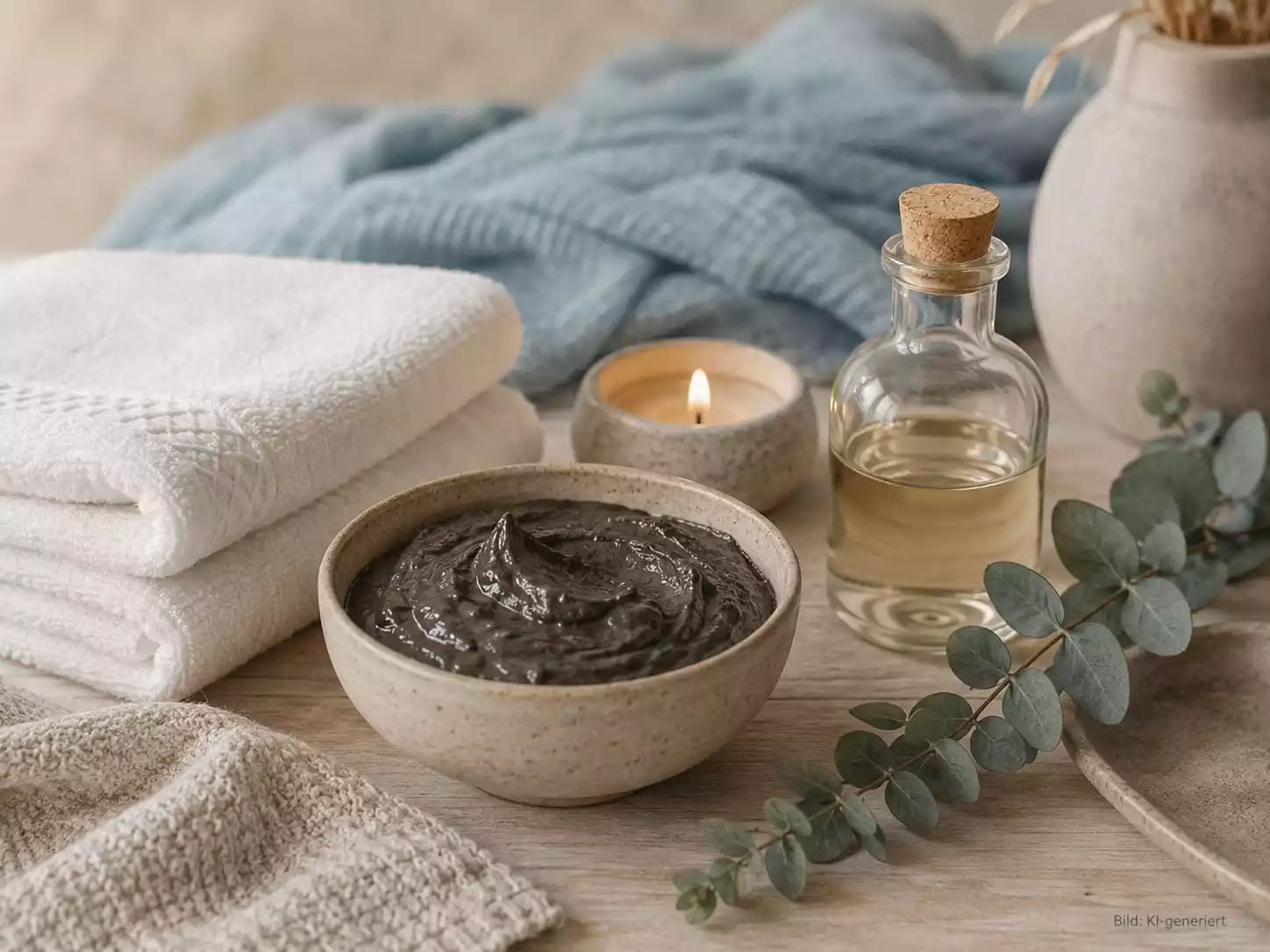 Stillleben mit Schlickschale, Handtüchern, Kerze und Pflegeöl als ruhige Wellness-Szene für den Beitrag über Entspannung auf Pellworm.