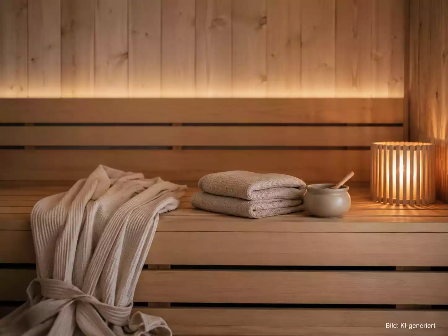 Warme Sauna-Szene mit gefalteten Handtüchern, Bademantel, kleiner Schale und stimmungsvollem Licht als neutrales Wellnessbild.