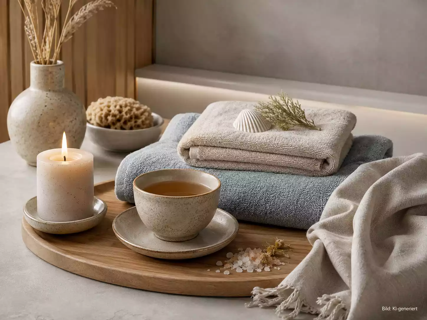 Ruhige Wellness-Komposition mit Teetasse, Kerze, gefalteten Handtüchern und natürlichen Accessoires in neutraler, entspannter Atmosphäre.