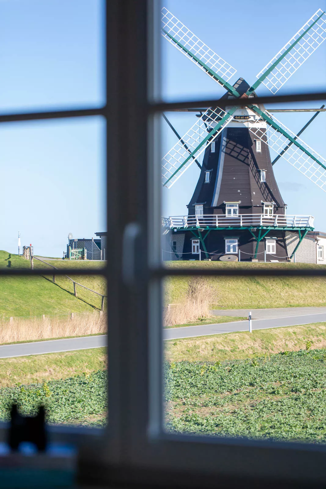 Fensterblick zur historischen Nordermühle auf Pellworm