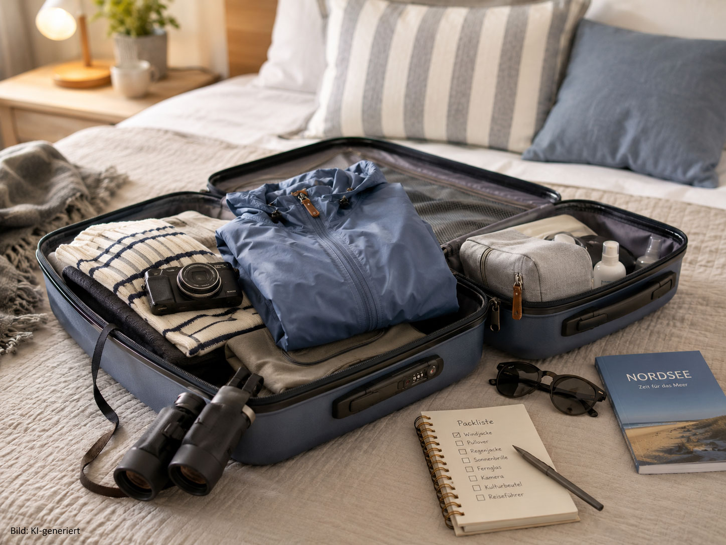 Offener Koffer auf dem Bett mit Kleidung, Kamera, Fernglas und Packliste für einen Urlaub auf Pellworm