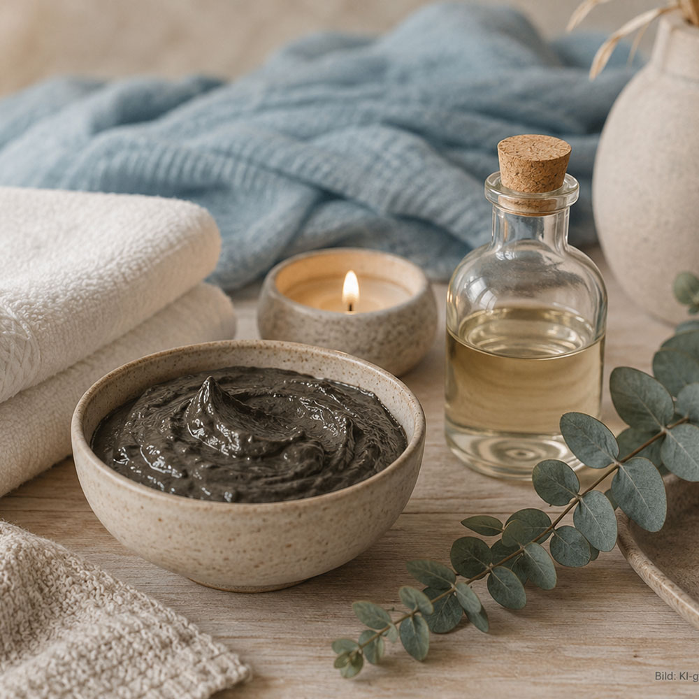 Stillleben mit Schlickschale, Handtüchern, Kerze und Pflegeöl als ruhige Wellness-Szene für den Beitrag über Entspannung auf Pellworm.